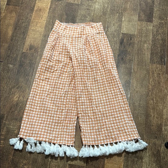 Adrienne Orange Gingham Wide-Leg Pants with Tassels - Picture 6 of 10